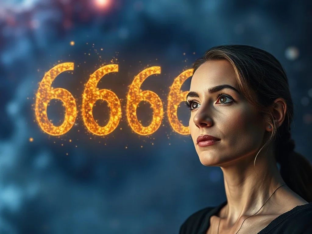 Kobieta z zaciekawieniem wpatruje się w unoszącą się w powietrzu, złotą liczbę 6666 na tle kosmicznej mgławicy.