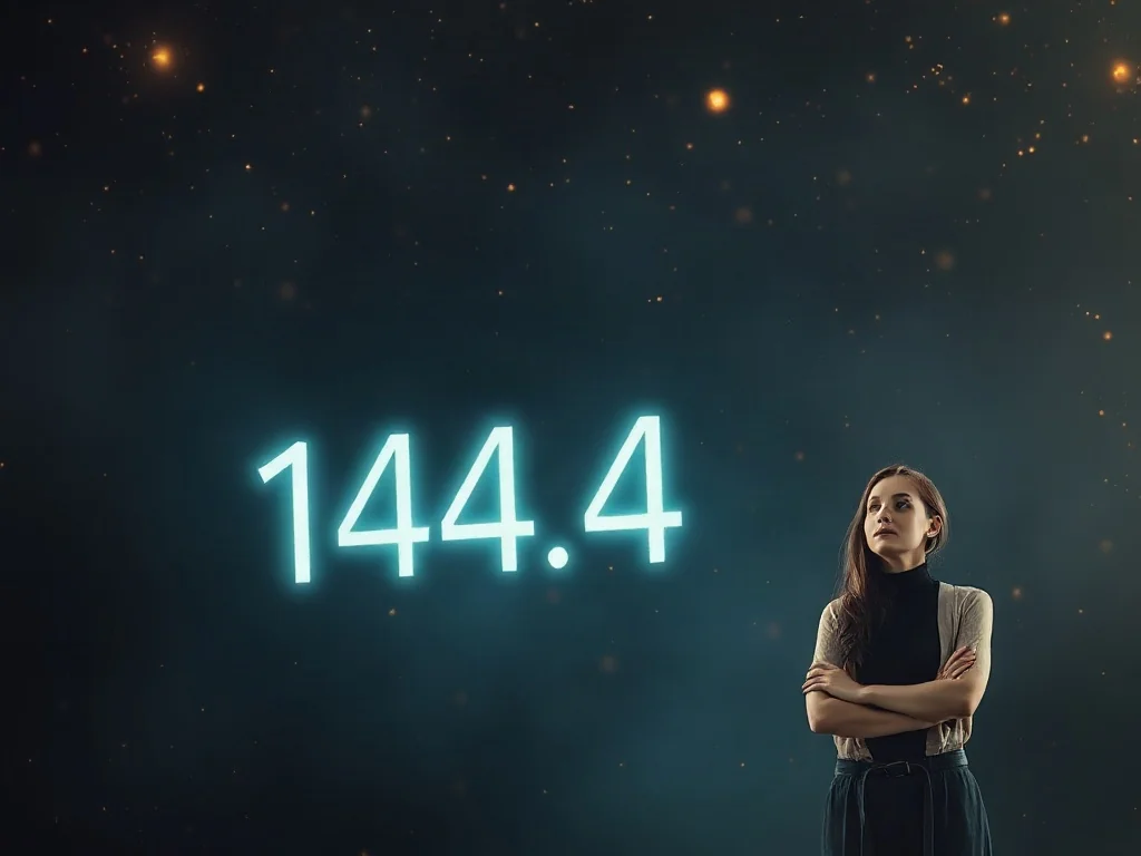 Kobieta wpatrująca się w mistyczną, świecącą liczbę 1444 na tle kosmicznej mgławicy, symbolizującą duchowe przesłanie.