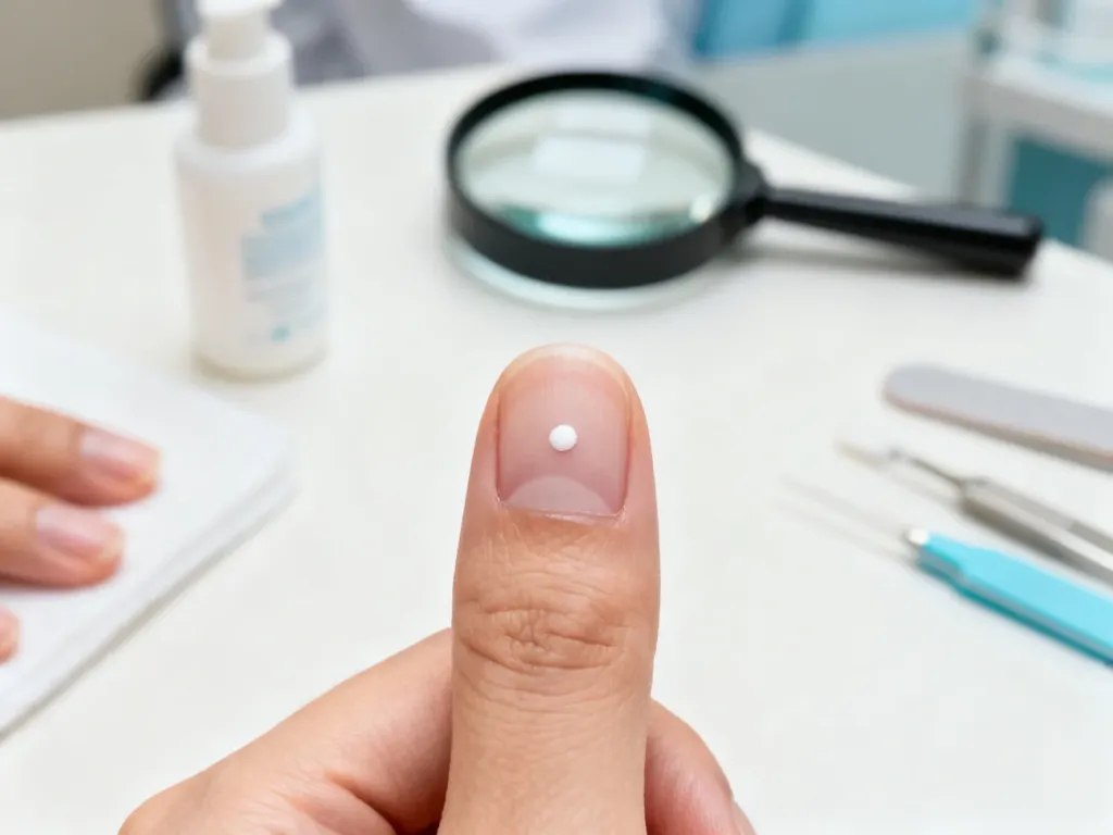 Zbliżenie na paznokieć z widoczną białą plamką w gabinecie dermatologicznym. Ilustracja problemów z płytką paznokcia.