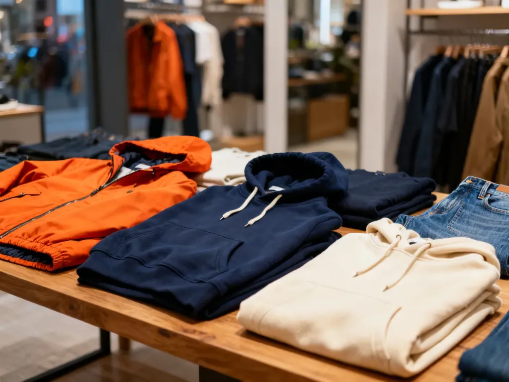 Starannie ułożona odzież marki Superdry, w tym kurtki i bluzy, na drewnianym stole w klimacie miejskiego stylu życia.