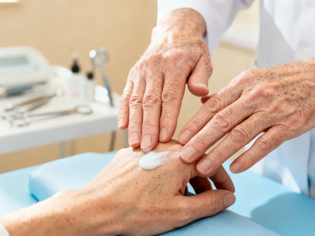 Starsza osoba nakłada krem nawilżający na dłonie z widocznymi plamami starczymi w jasnym, klinicznym wnętrzu.