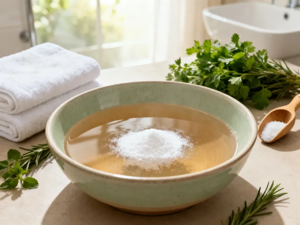 Miska z wodą i sodą oczyszczoną, ręcznikiem oraz ziołami, przygotowana do relaksującej kąpieli stóp w domowym spa.