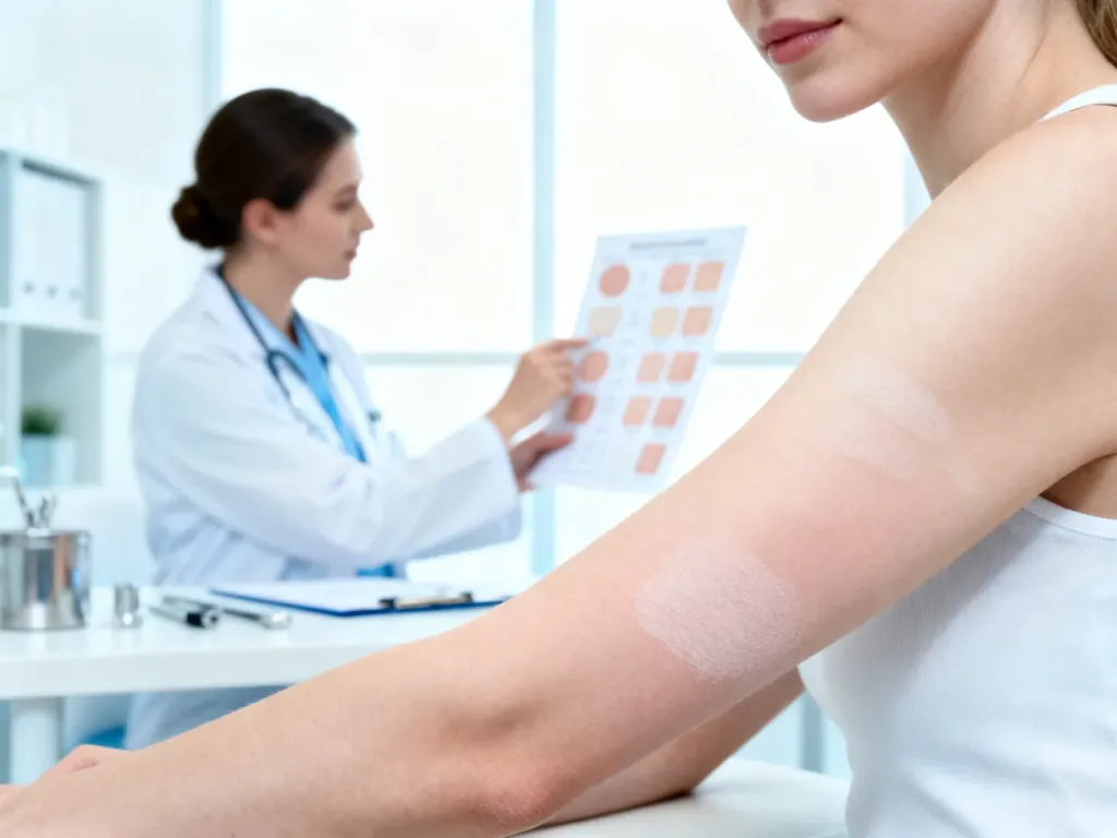 Zbliżenie na przedramię kobiety z widocznymi jasnymi plamami na skórze w profesjonalnym gabinecie dermatologicznym.