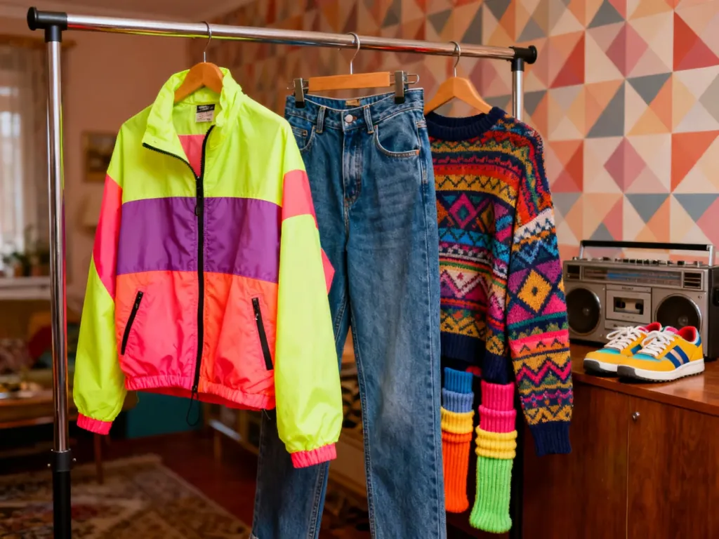 Kolorowe ubrania w stylu lat 80. na wieszaku w retro wnętrzu z magnetofonem i wzorzystą tapetą.