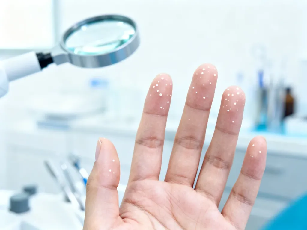 Dłoń z widocznymi białymi plamkami na paznokciach w gabinecie dermatologicznym. Ilustracja przyczyn zmian na płytce paznokcia.