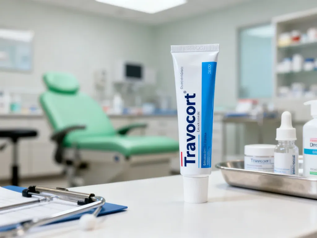 Tubka kremu Travocort na tle profesjonalnego gabinetu dermatologicznego, podkreślająca medyczny charakter produktu.